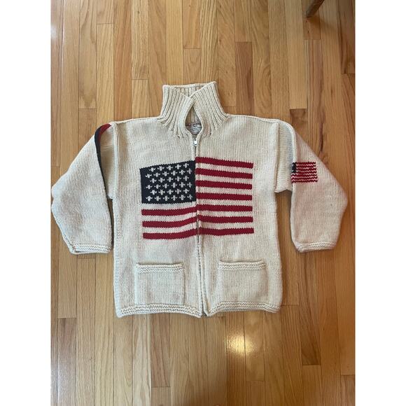 Vintage Hand Knit World of Wool Vintage American Flag sweater w/ zip RARE HEAVY - Picture 1 of 6